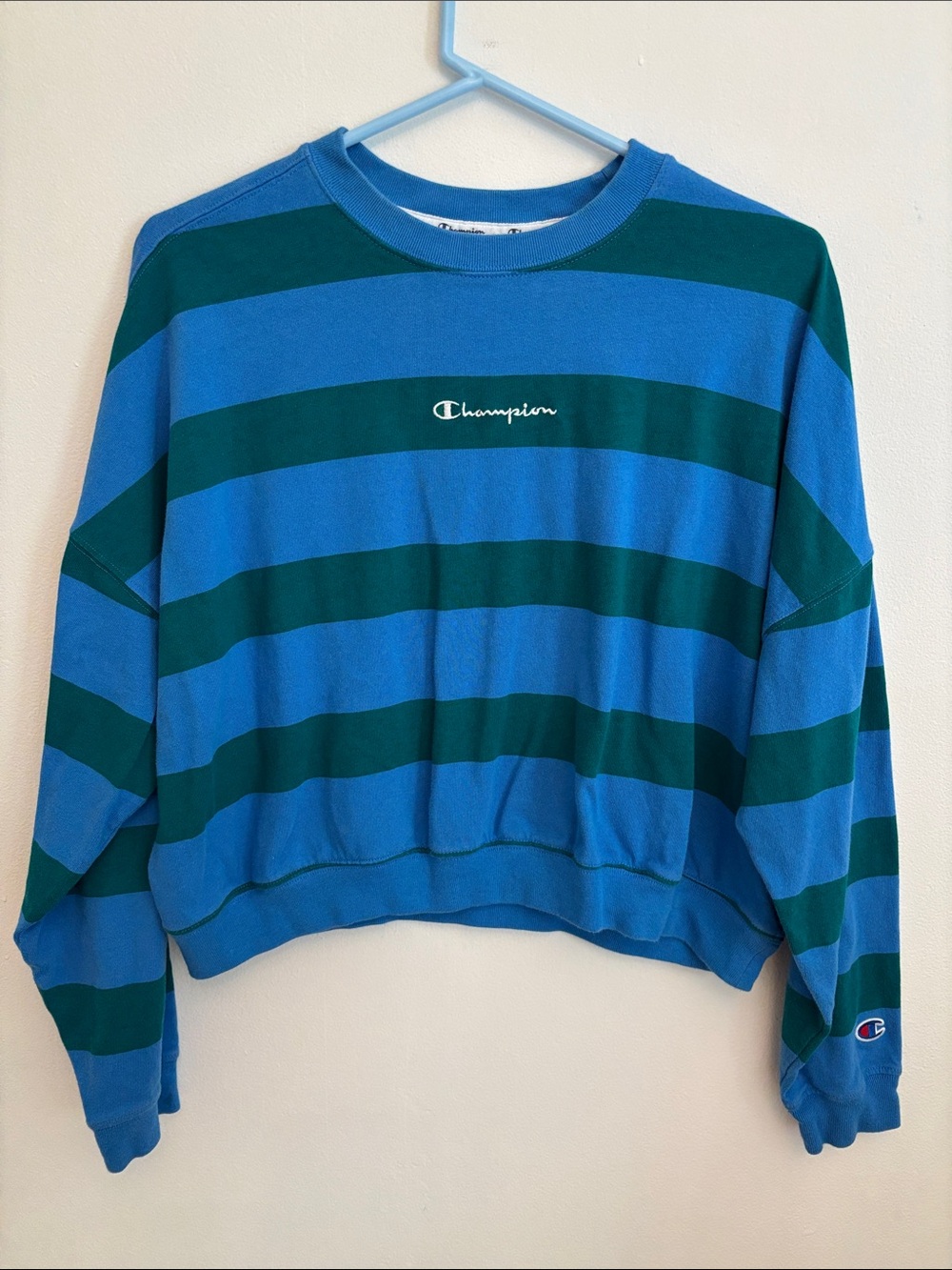 Champion Blue & Green Striped Cropped Long Sleeve Top – Size Medium